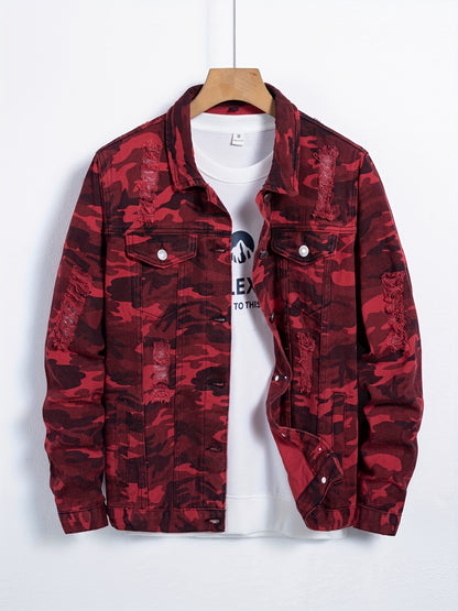 Red Camo Denim Jacket For Men | Casual Street Style Coat