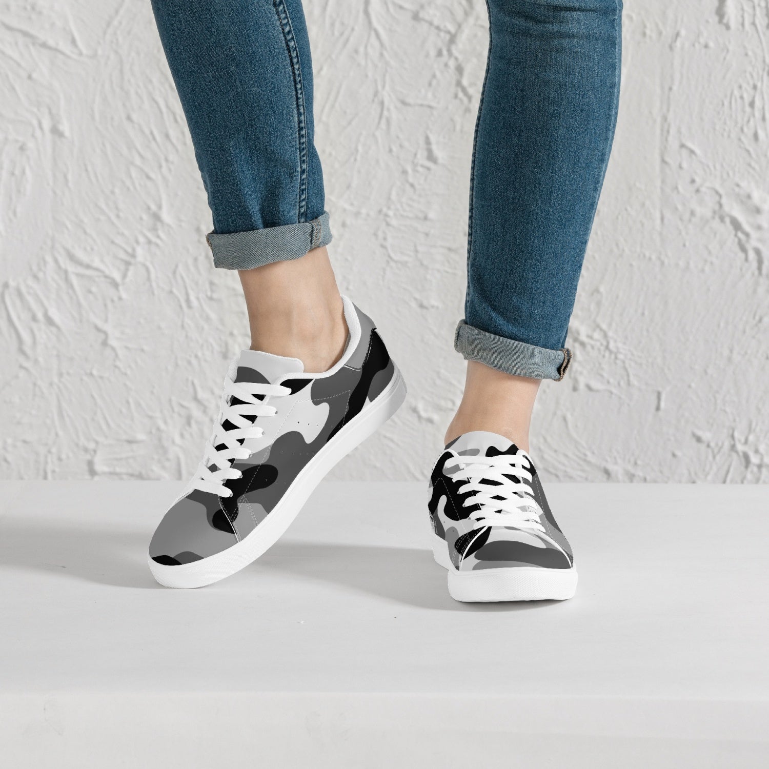 Camo Sneakers | Classic Low-Top Leather | Gray, Black and White