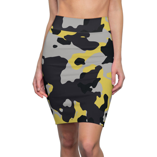 Camo Mini Skirt | Pencil Cut | Yellow, Black, & Silver