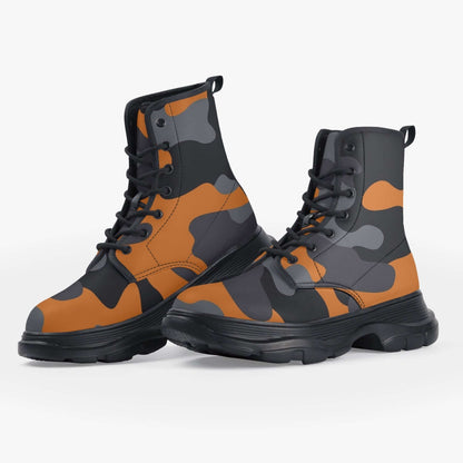 Chunky Boots | Leather in Orange, Black, & Gray Camouflage