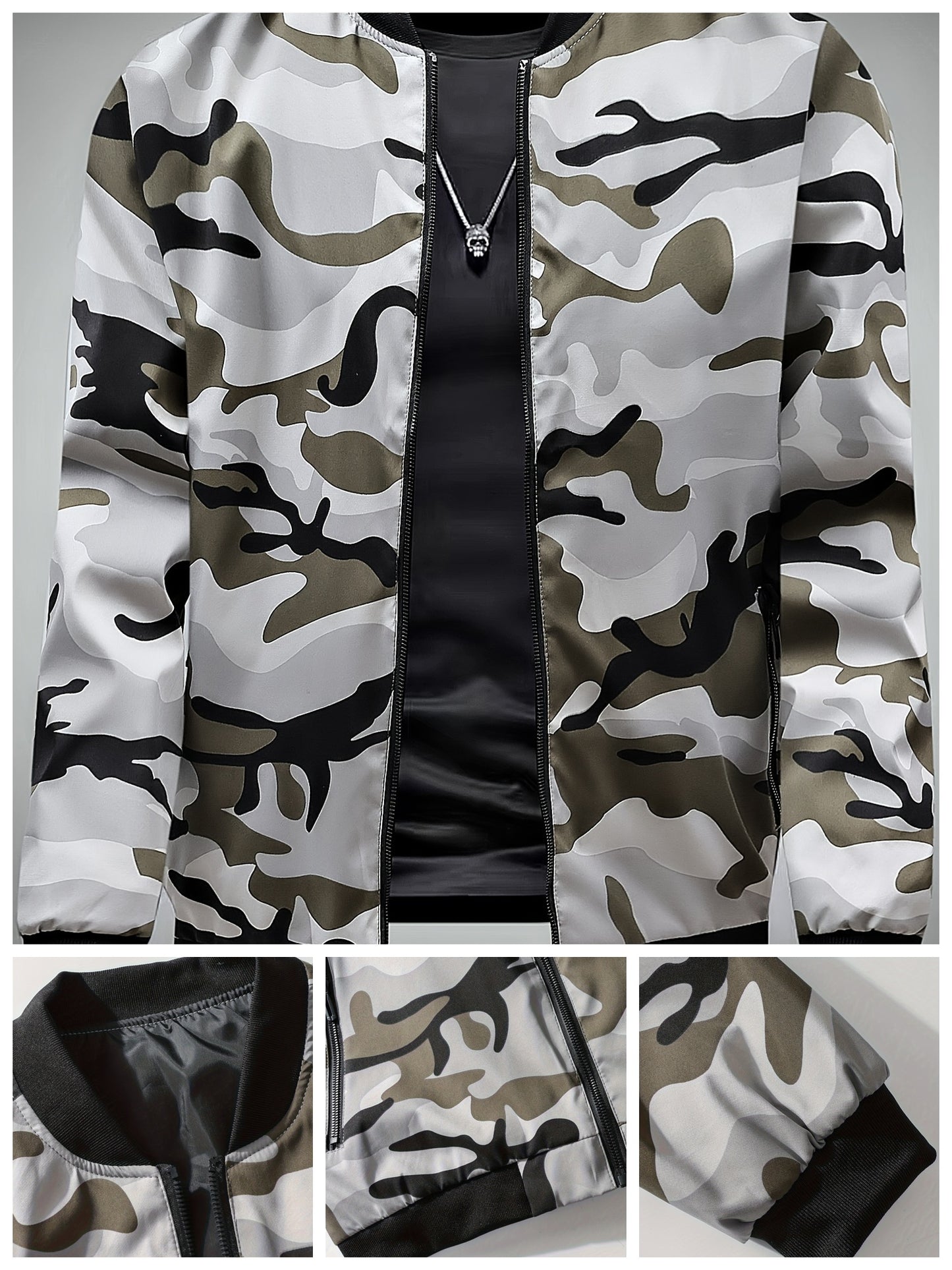 Camo Print Bomber Jacket for Men, Regular Fit, Zipper Closure