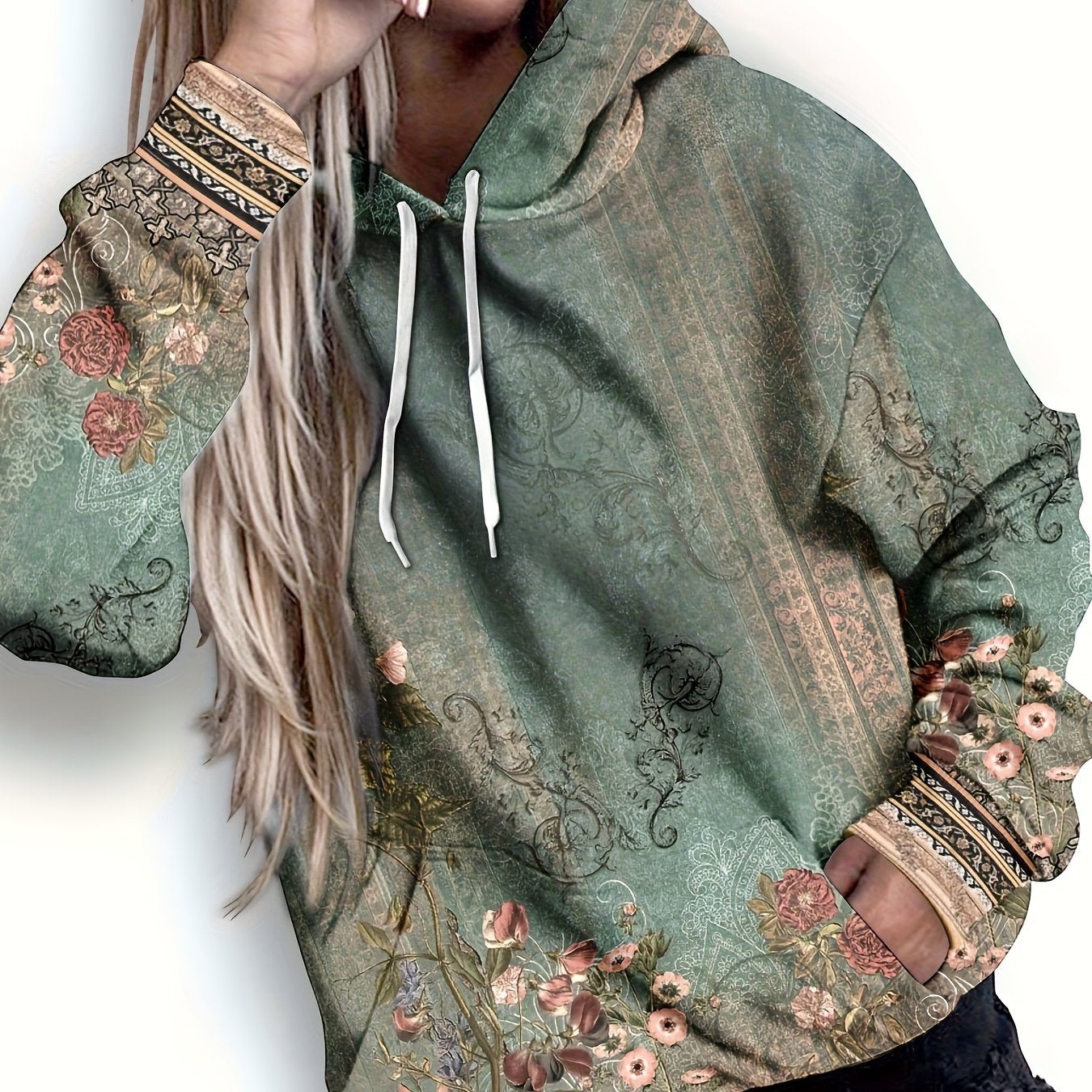 Women's Floral Print Hoodie | Casual Drop Shoulder Long Sleeves