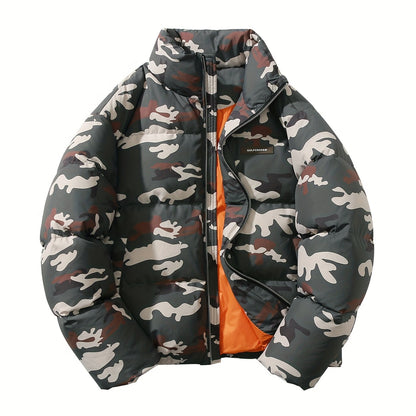 Camo Print Puffer Jacket for Men | Loose Fit, Letter Pattern