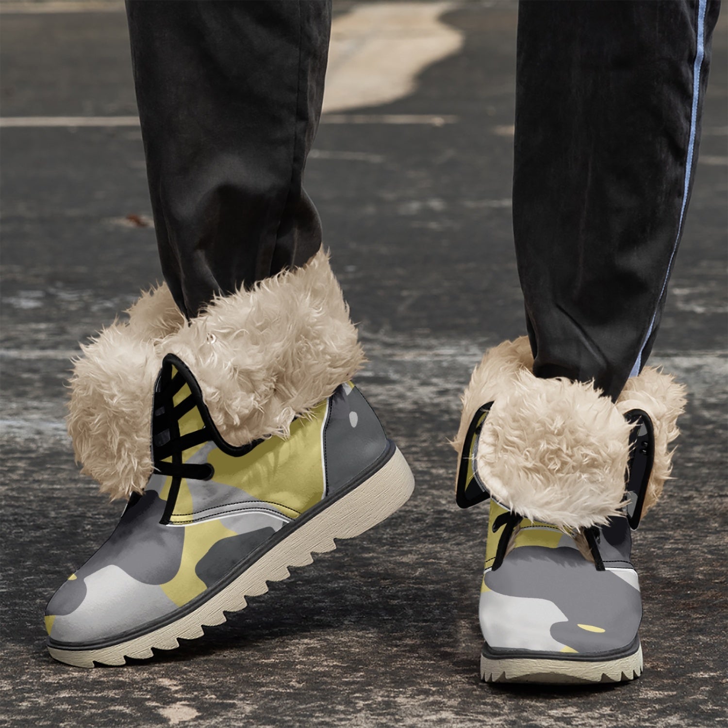 Camo Boots | Yellow, Black, & Silver Cotton-Pad Fur Lining