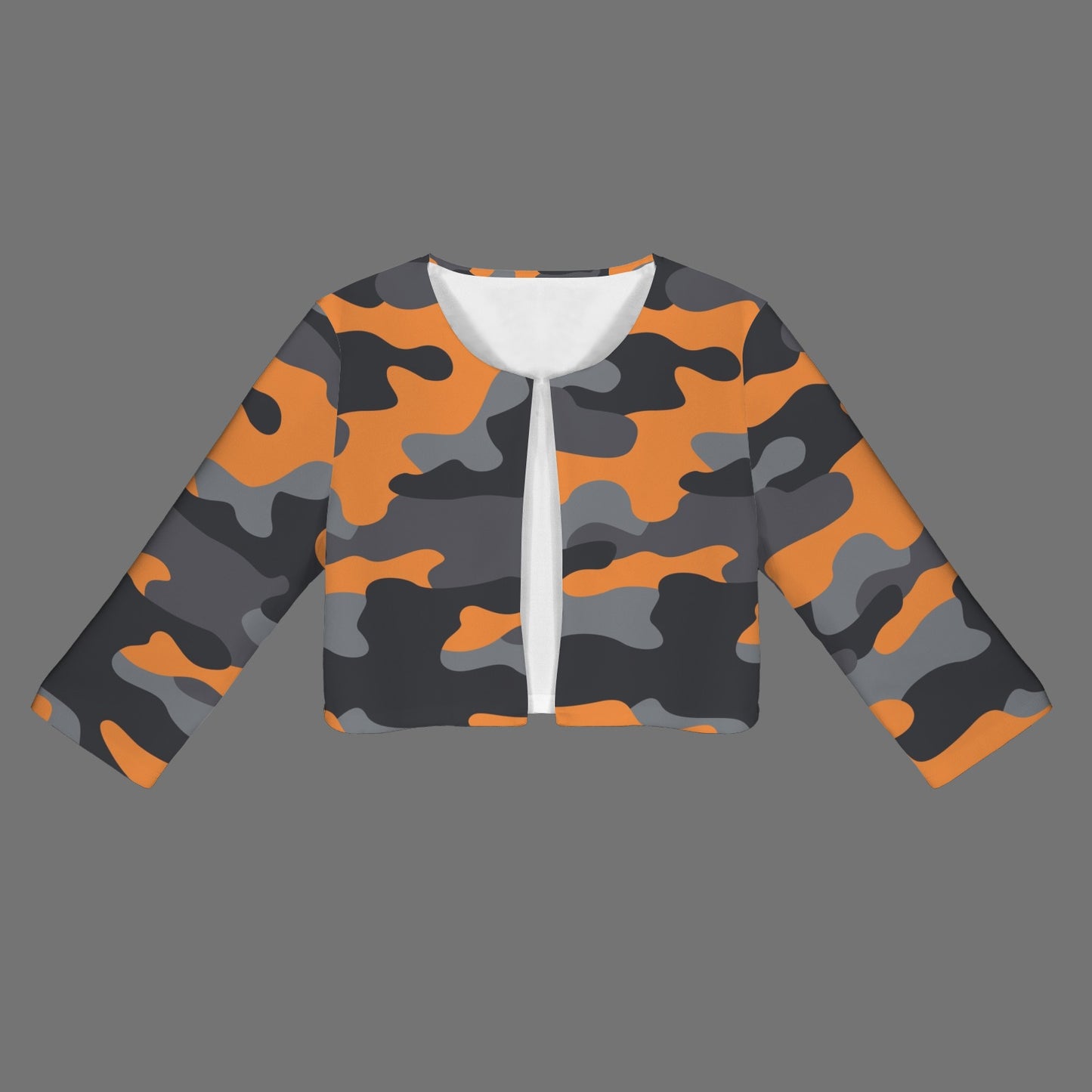 Camo Blazer | Cropped Open Front | Orange, Black and Gray Camouflage