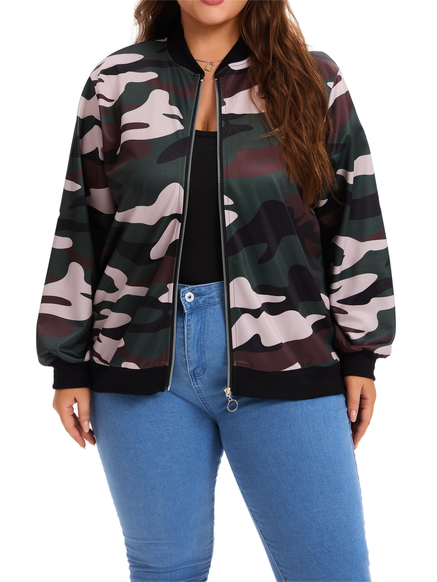 Plus Size Camo Coat | Casual Long Sleeves with Zipper