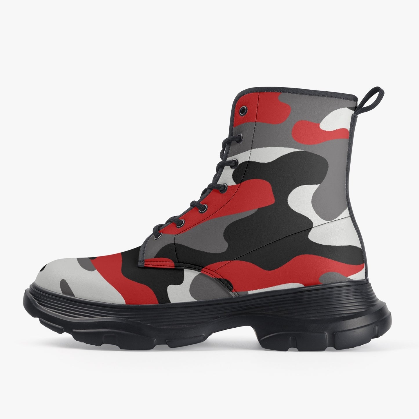 Chunky Boots | Leather in Red, Black, & White Camouflage