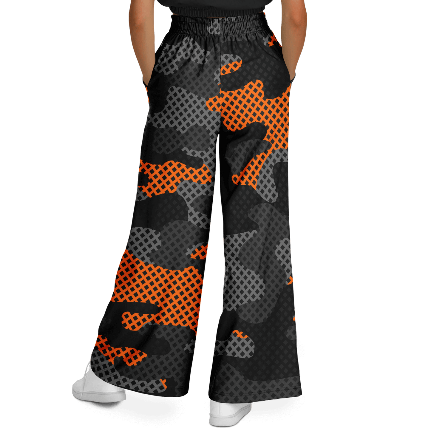 Camo Wide Leg Pants For Women | Black & Orange Pixel Pattern