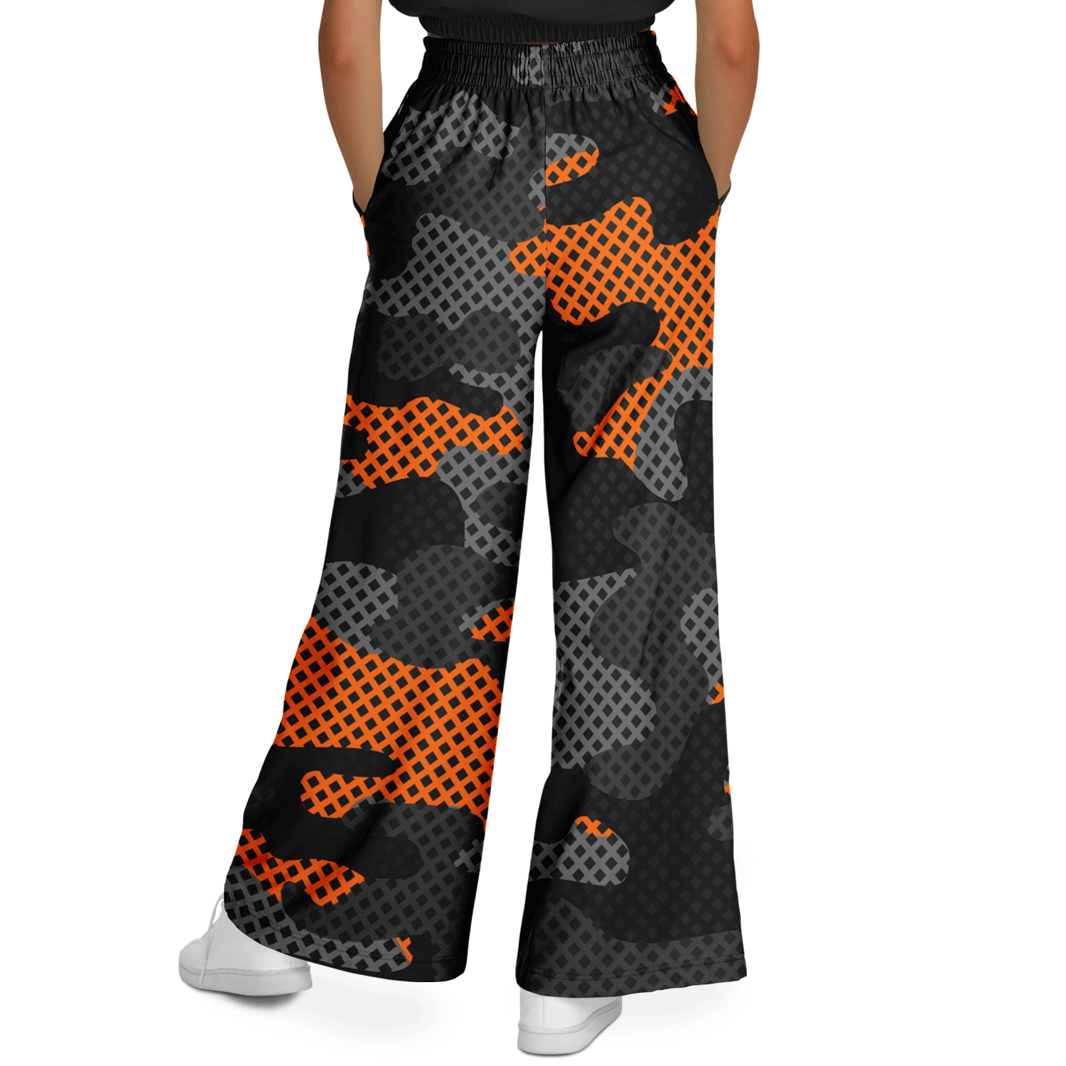 Camo Wide Leg Pants For Women | Black & Orange Pixel Pattern