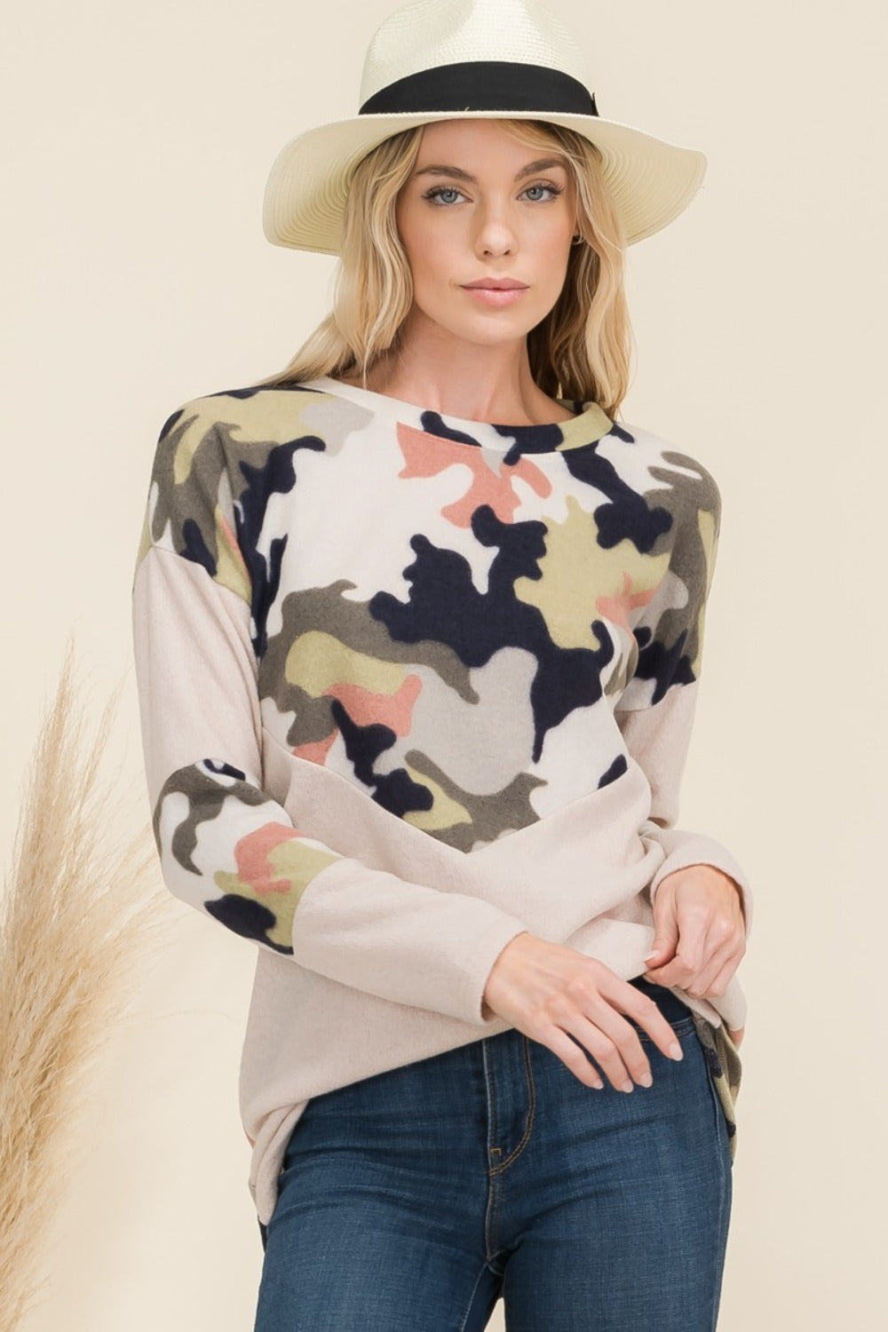 Long Sleeve Camo T-Shirt | Celeste Full Size | Beige