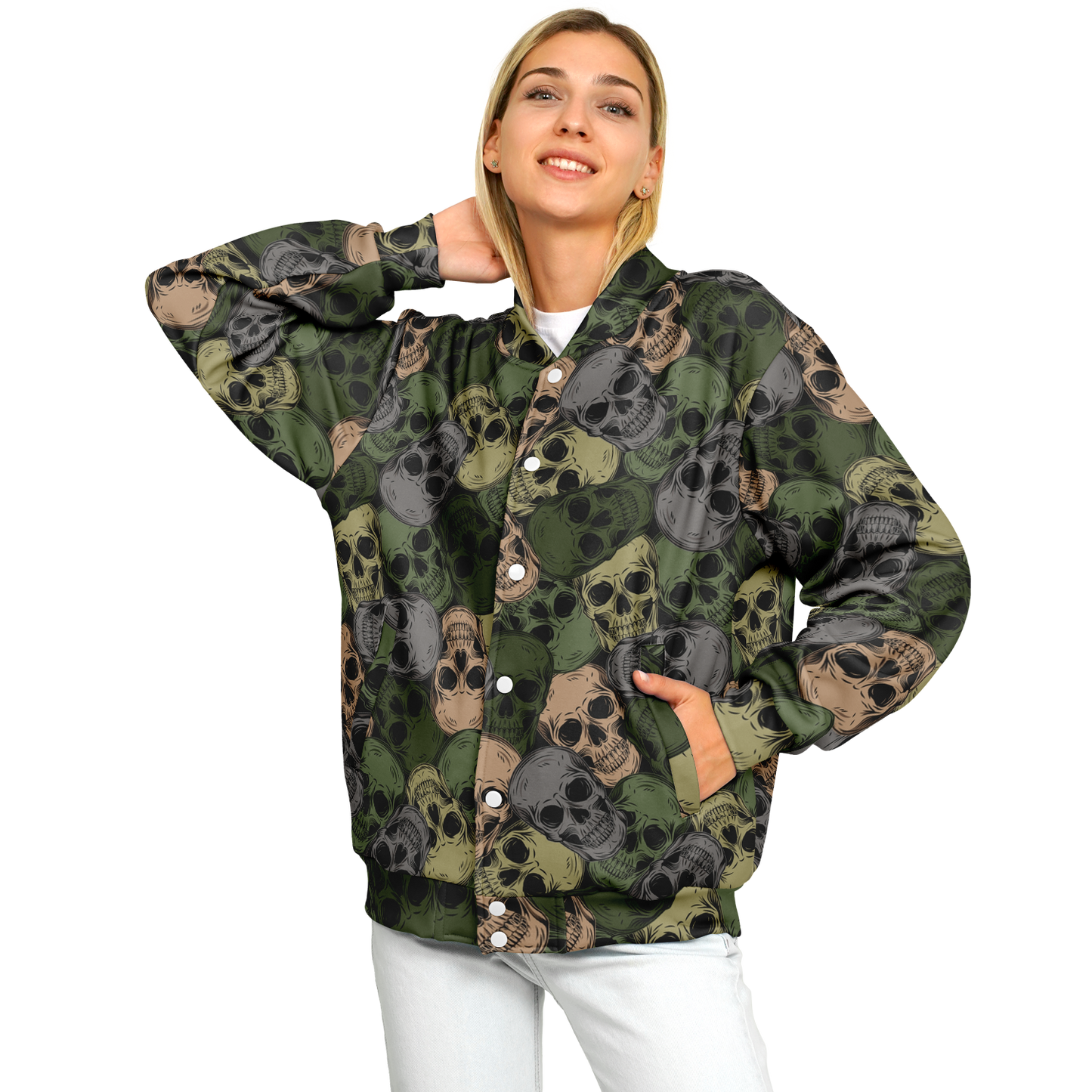 Skulls Baseball Jacket | Green & Grey Camo Inspired