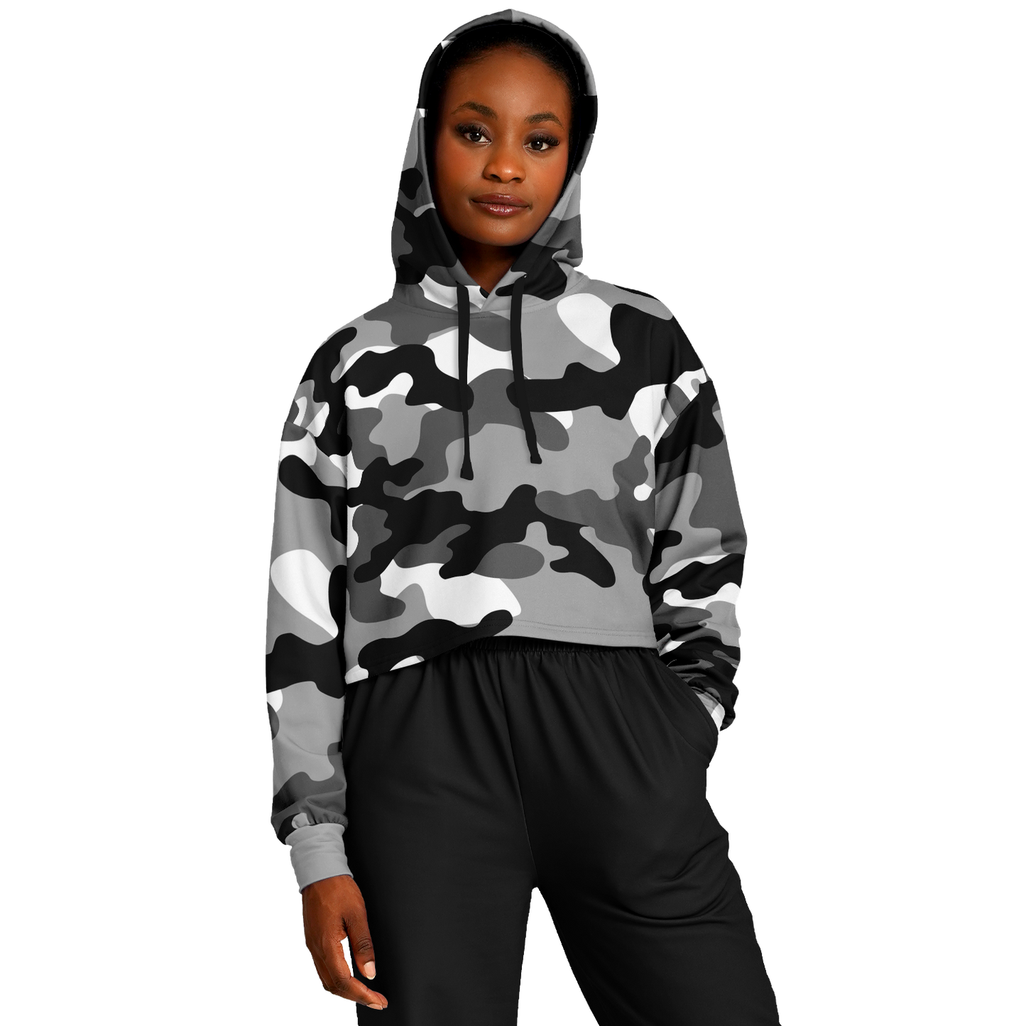 Cropped Hoodie For Women | Black, White & Gray Camouflage