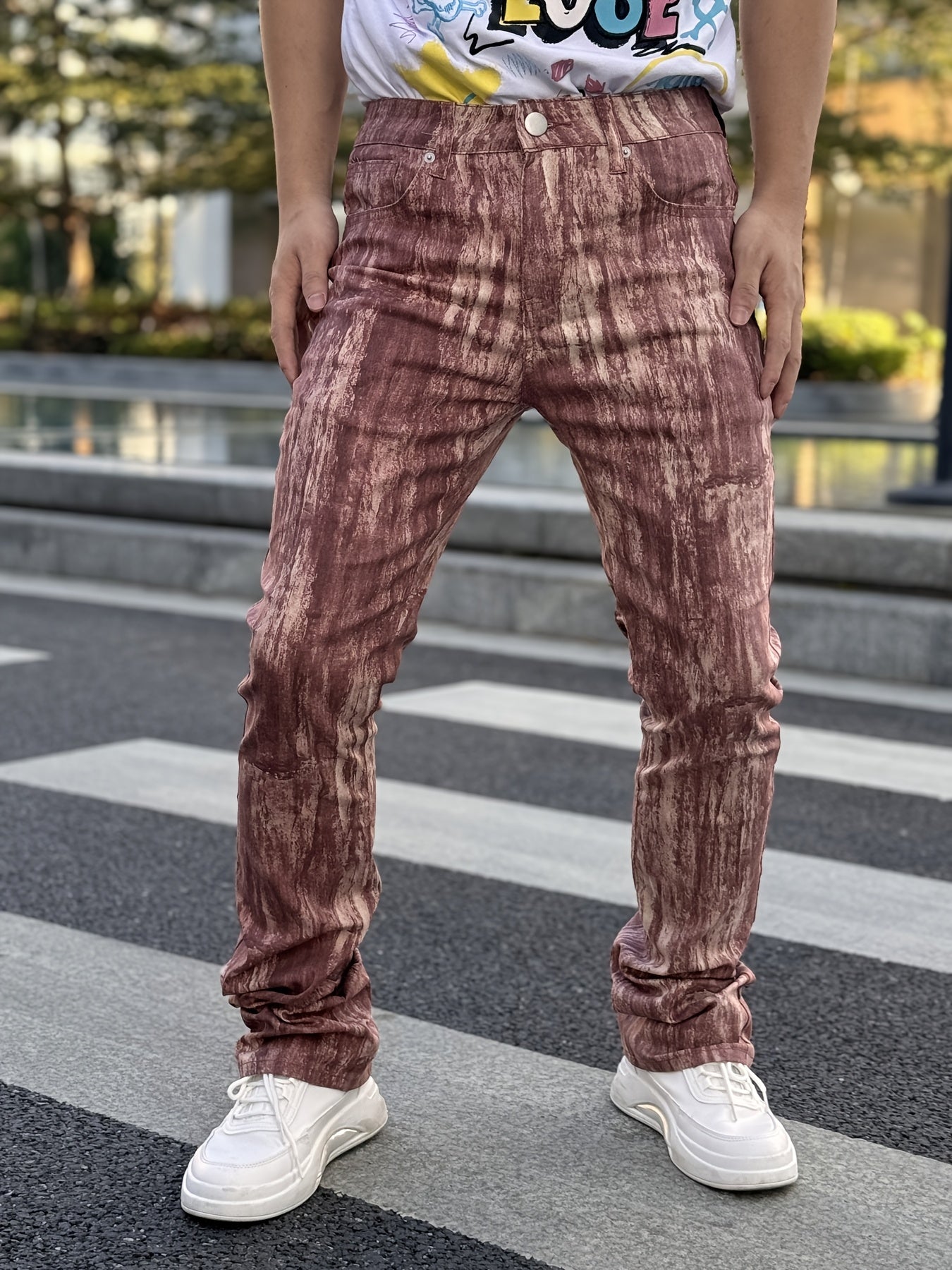 Men's Stretch Denim Flared Pants with 3D Digital Print