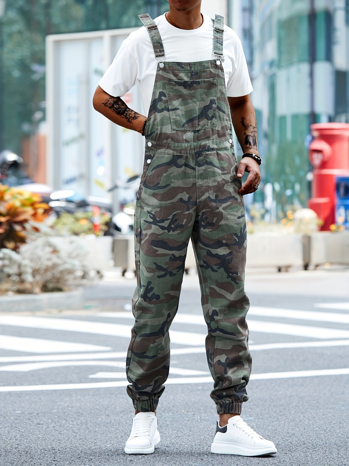 Men's Olive Green Camo Denim Bib Overalls with Pockets