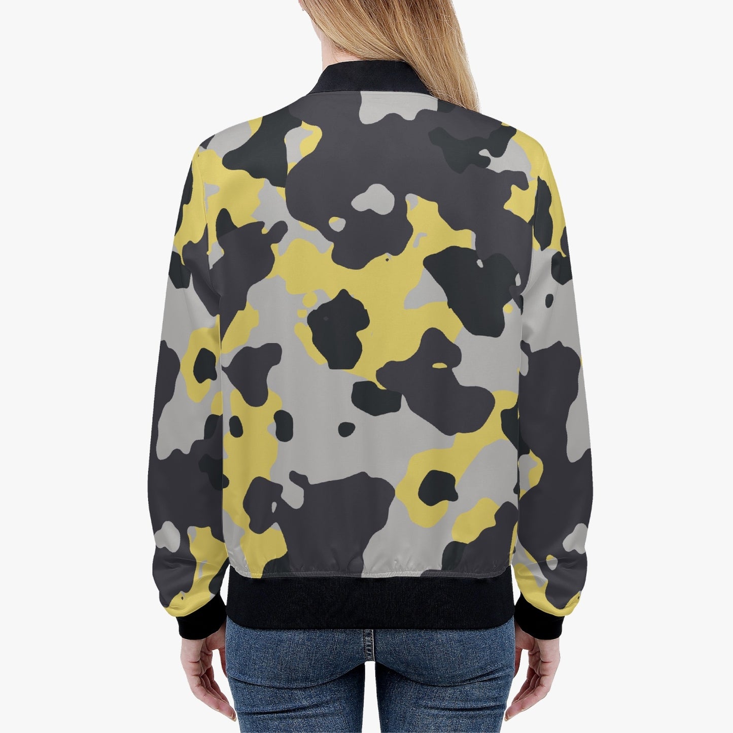 Women's Camo Bomber Jacket | Yellow, Black and Silver Camouflage