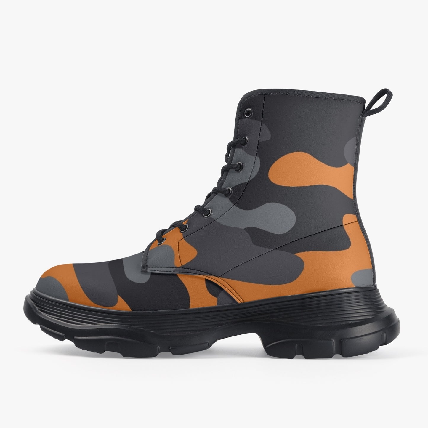 Chunky Boots | Leather in Orange, Black, & Gray Camouflage