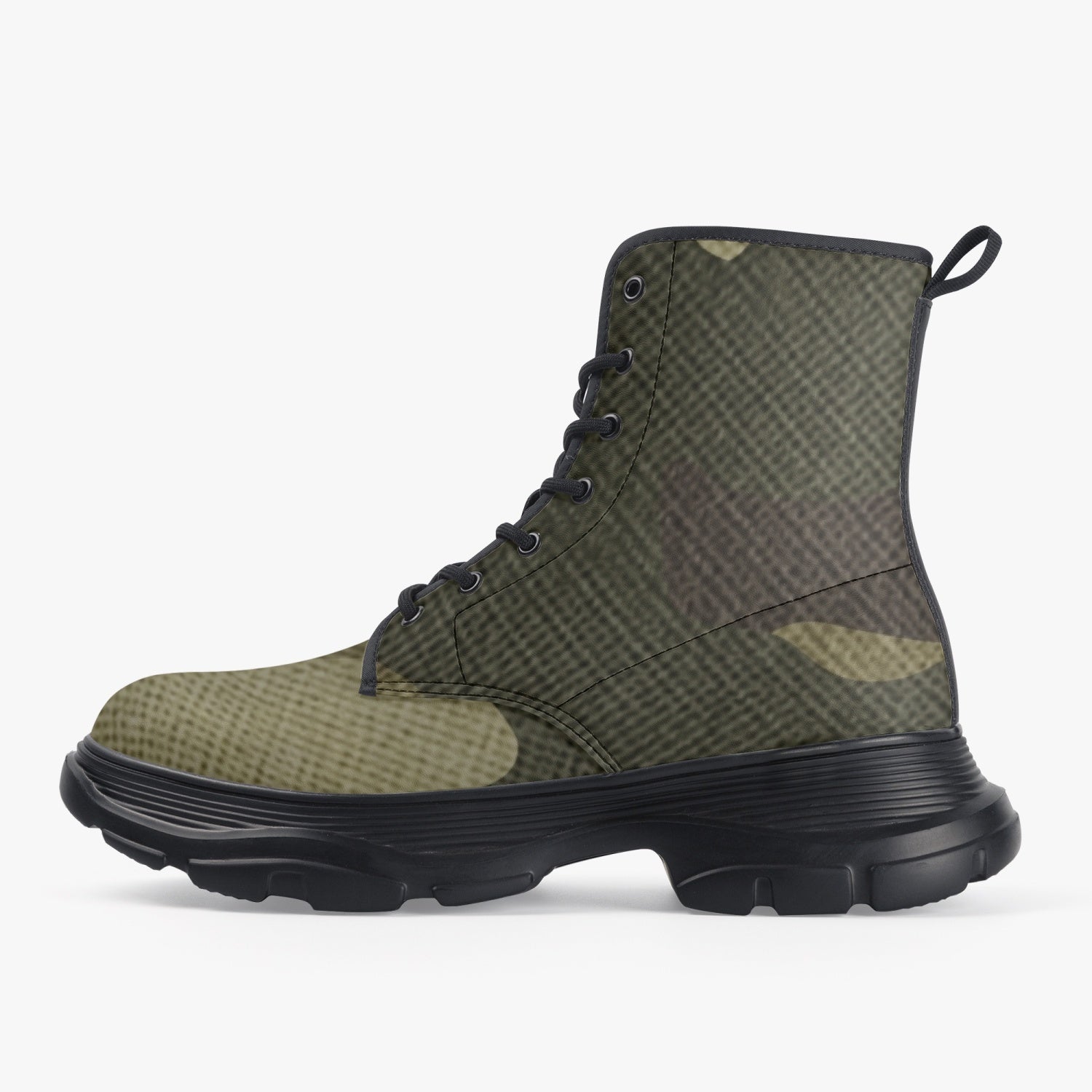 Chunky Boots | Leather in Green Fabric Camouflage