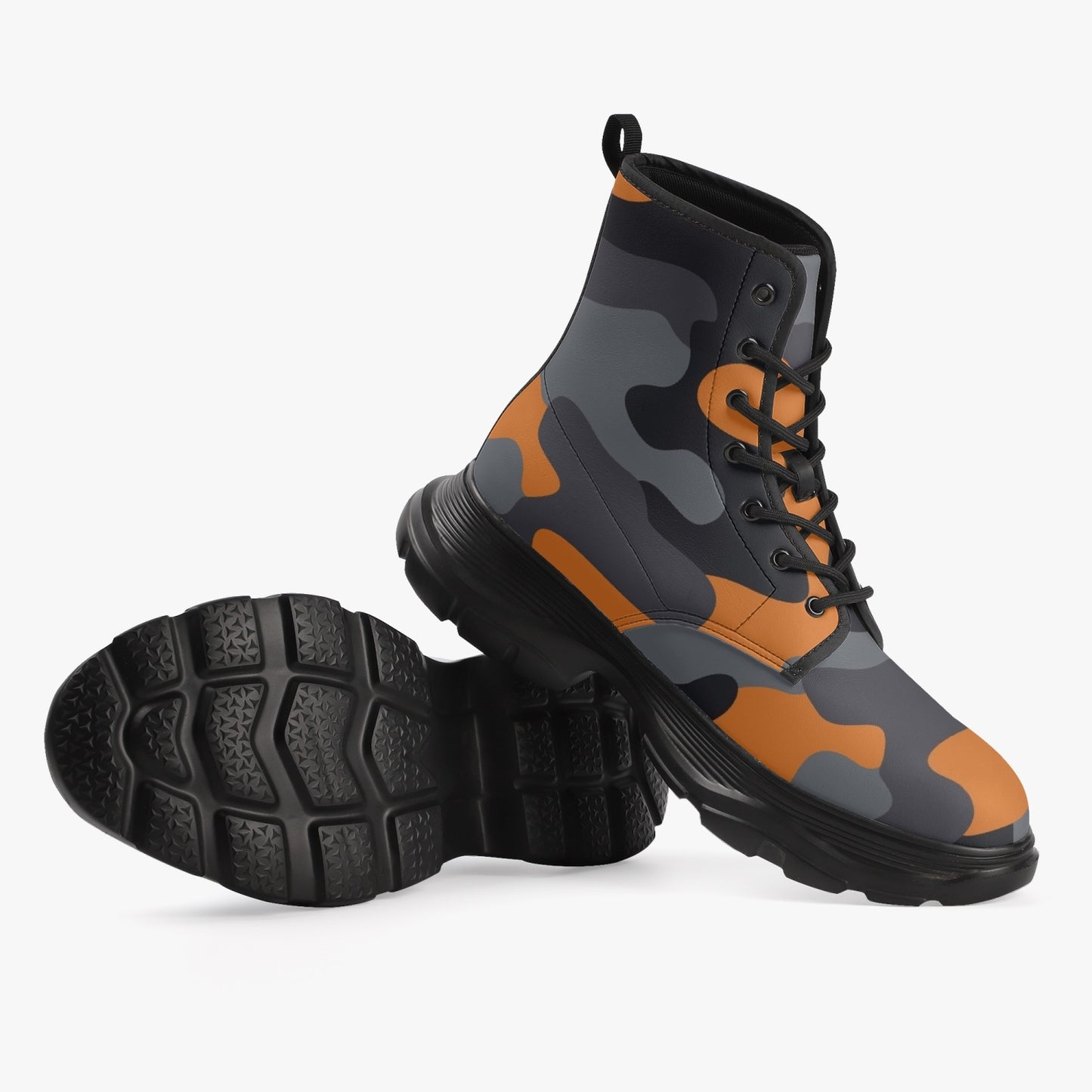 Chunky Boots | Leather in Orange, Black, & Gray Camouflage