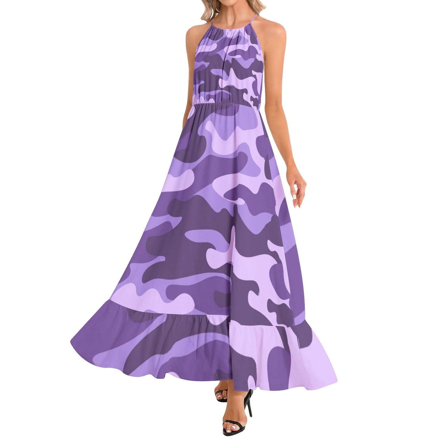 Camo Maxi Dress | Purple, Blue, and Mauve Camouflage | Ruffle Hem