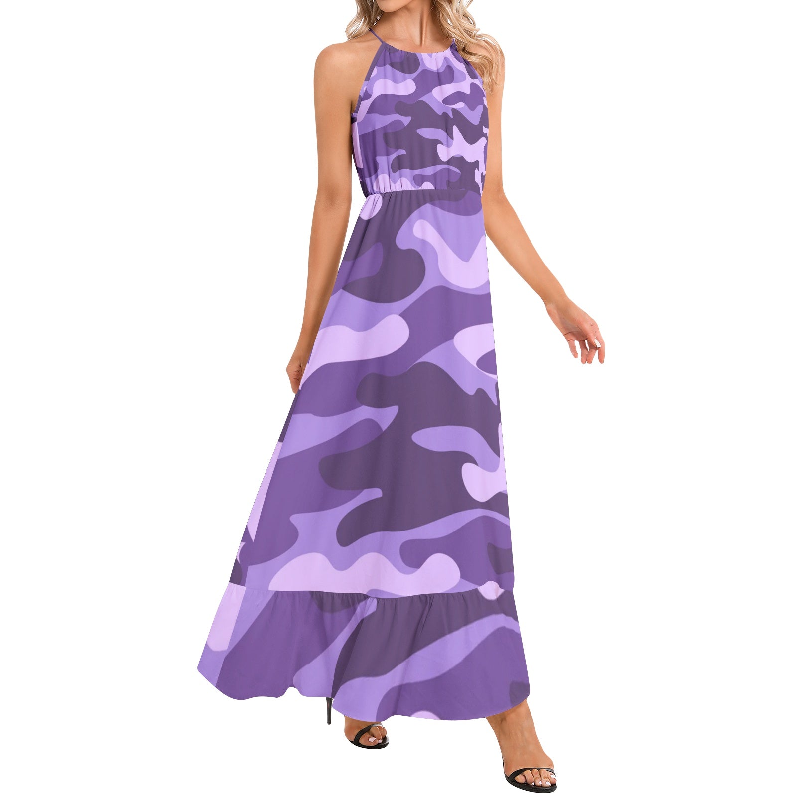 Camo Maxi Dress | Purple, Blue, and Mauve Camouflage | Ruffle Hem