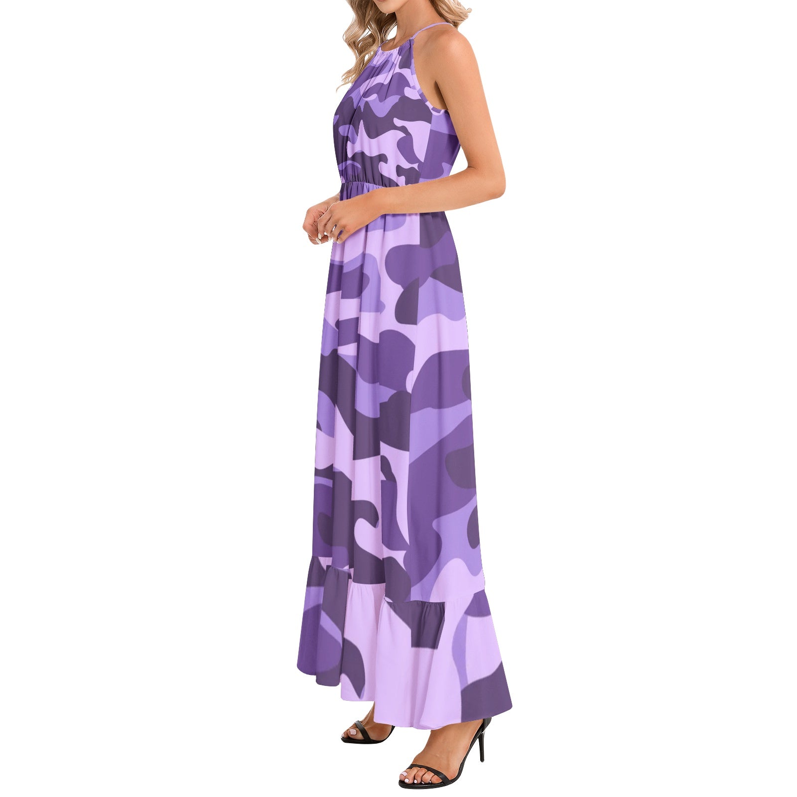 Camo Maxi Dress | Purple, Blue, and Mauve Camouflage | Ruffle Hem