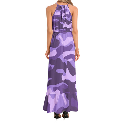 Camo Maxi Dress | Purple, Blue, and Mauve Camouflage | Ruffle Hem