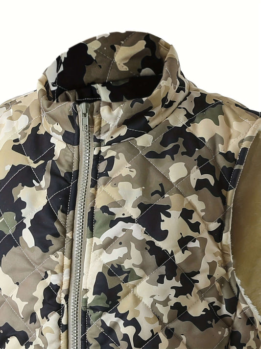 Women'S Camo Quilted Vest with a Stand Collar Zip-Up | Sleeveless Outerwear