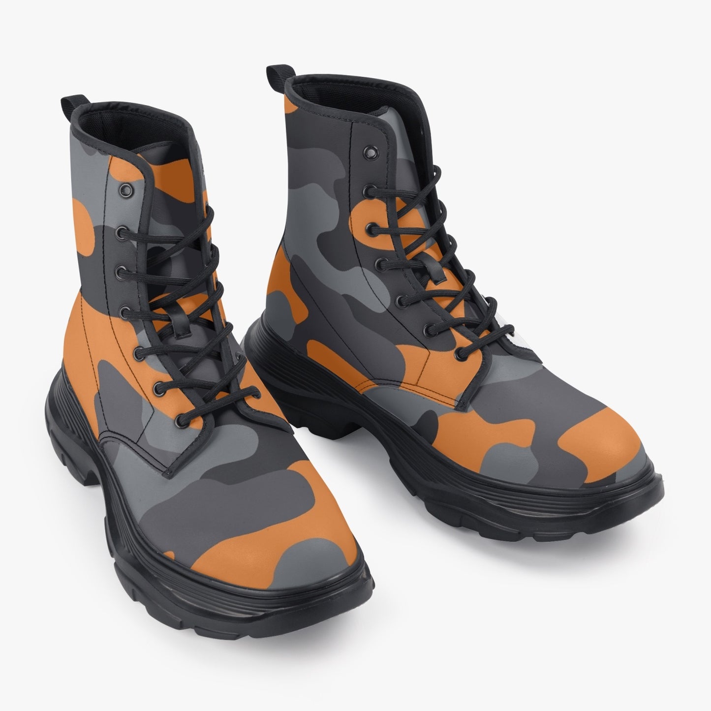 Chunky Boots | Leather in Orange, Black, & Gray Camouflage