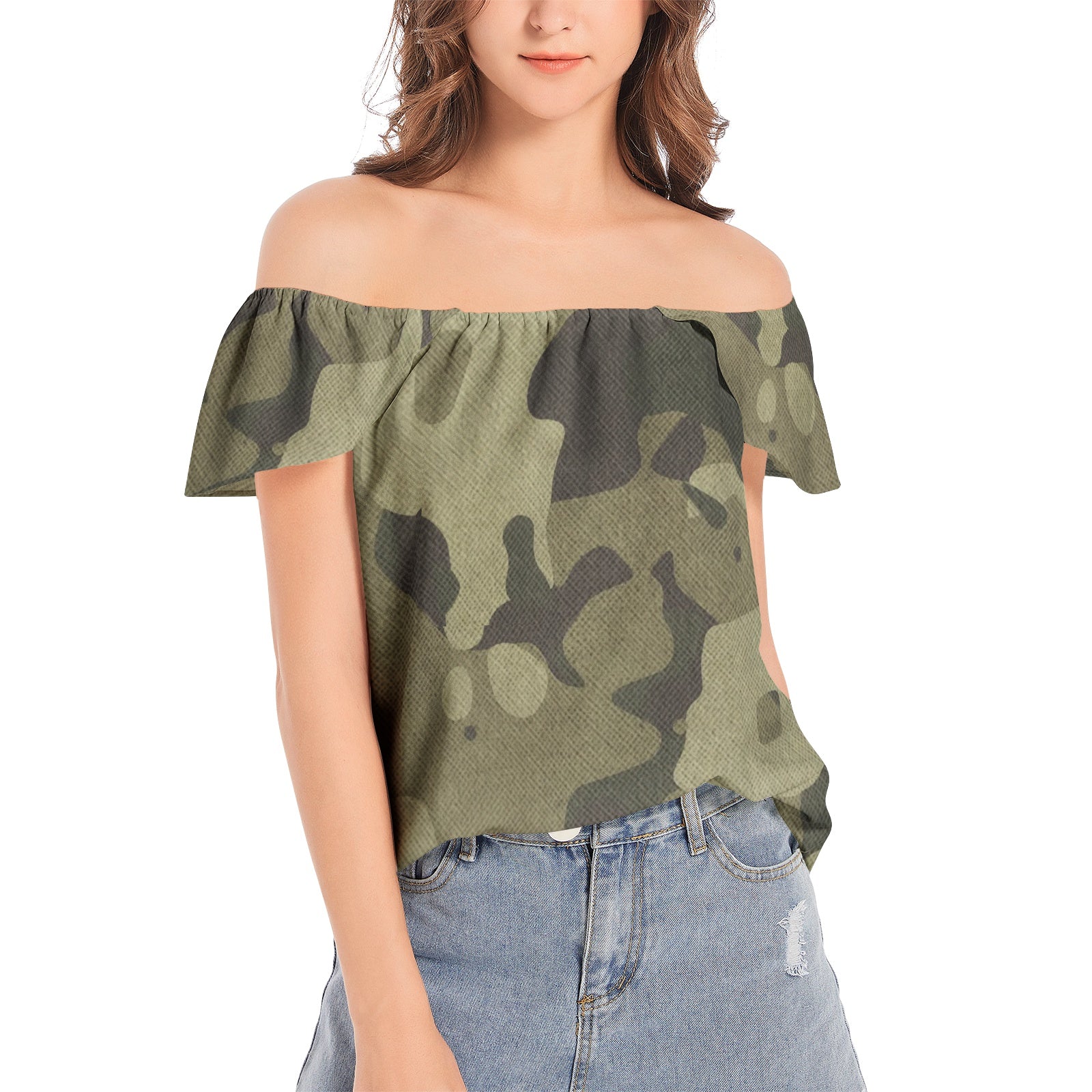 Off The Shoulder Camo Top | Green Fabric Camouflage