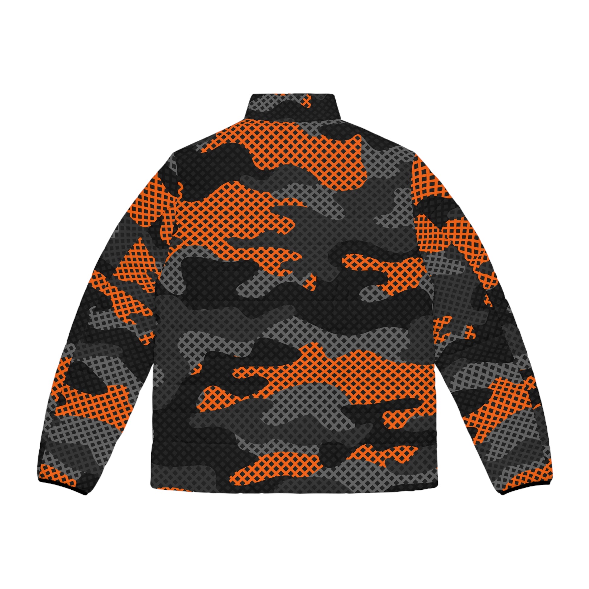 Camo Puffer Jacket | Black & Orange Pixel Camouflage