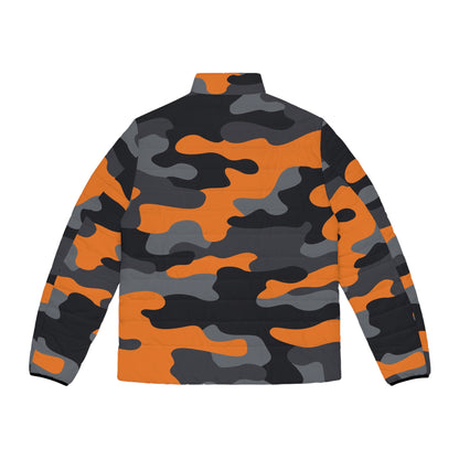 Camo Puffer Jacket | Orange, Gray & Black Camouflage