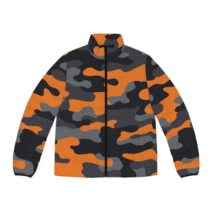 Camo Puffer Jacket | Orange, Gray & Black Camouflage