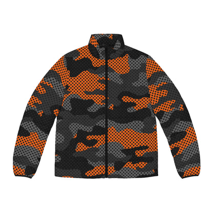 Camo Puffer Jacket | Black & Orange Pixel Camouflage