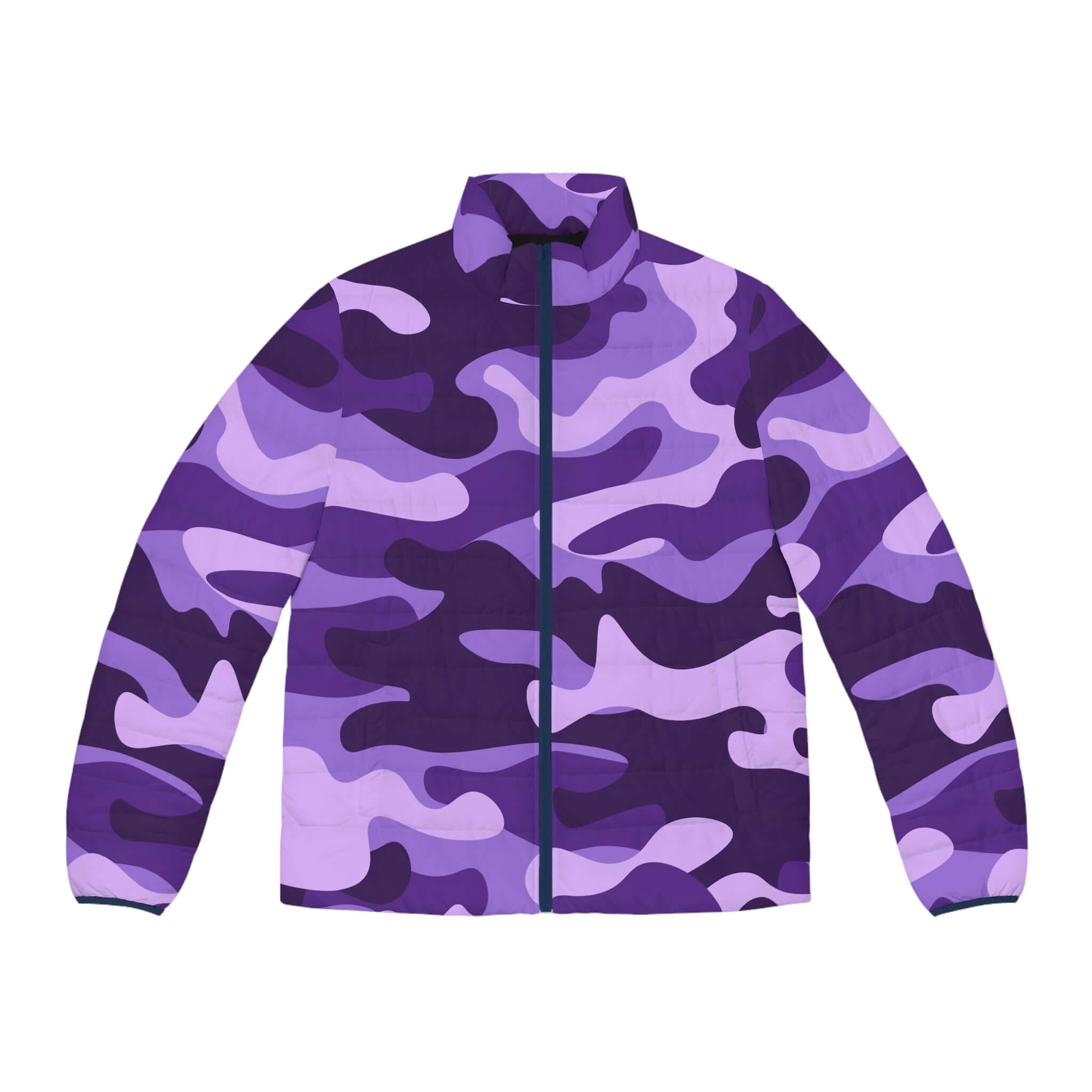 Men s Camo Puffer Jacket Purple Blue and Mauve Camouflage
