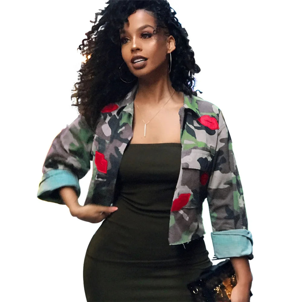 Camouflage Bomber Jacket for Women | Long Sleeve Outerwear Cropped Jacket