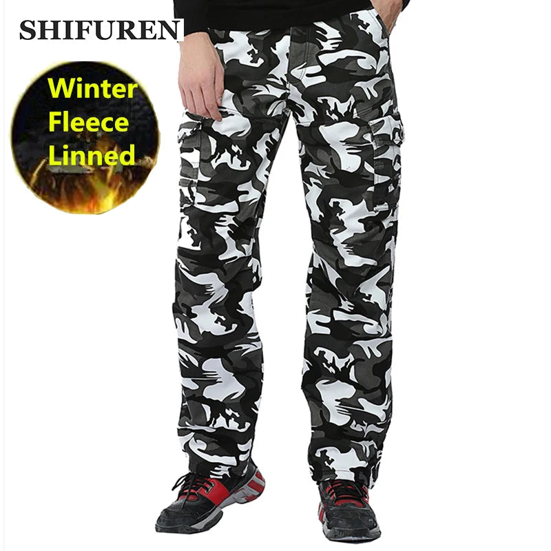 Men's Baggy Camo Cargo Pants: Fleece-Lined Military Style