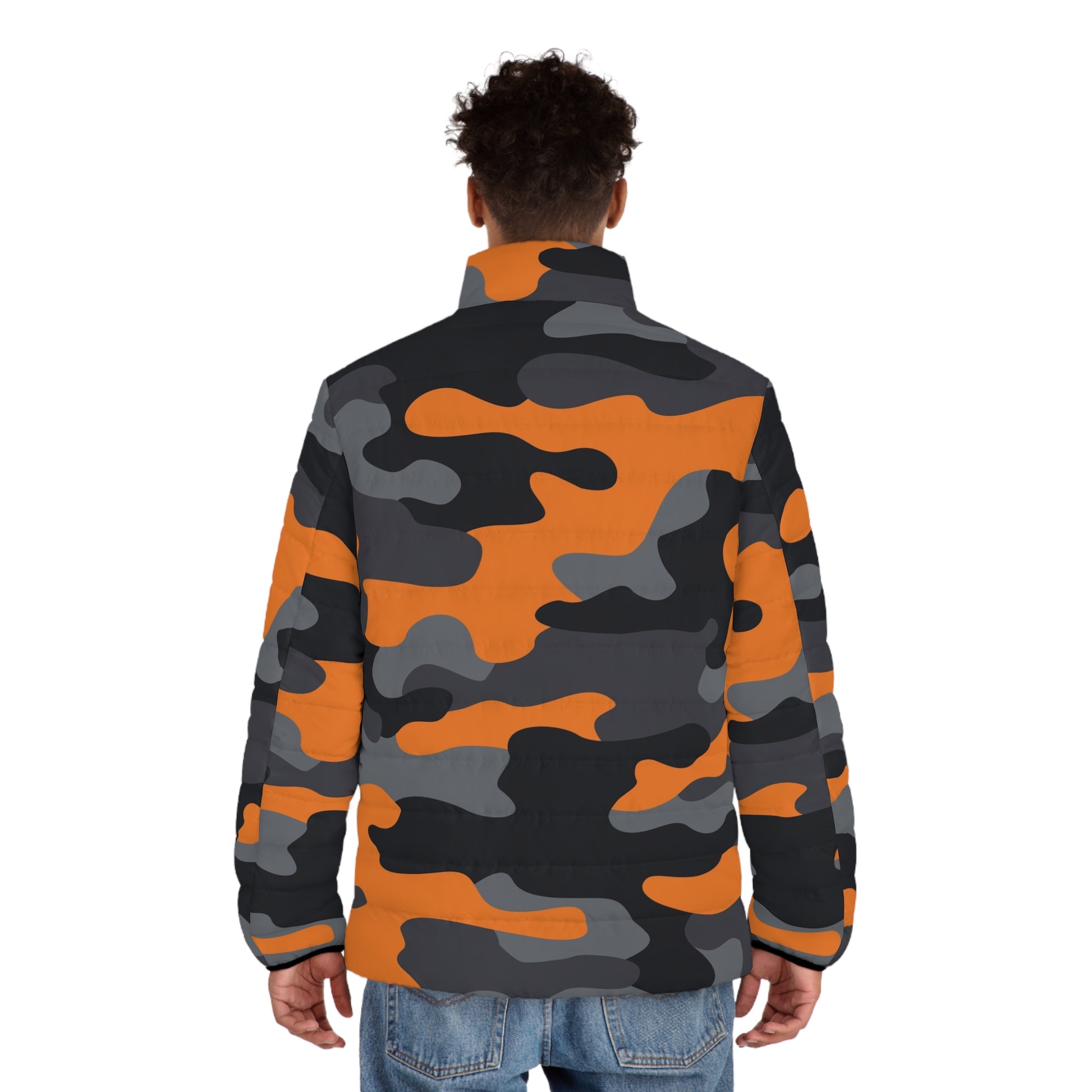 Camo Puffer Jacket | Orange, Gray & Black Camouflage