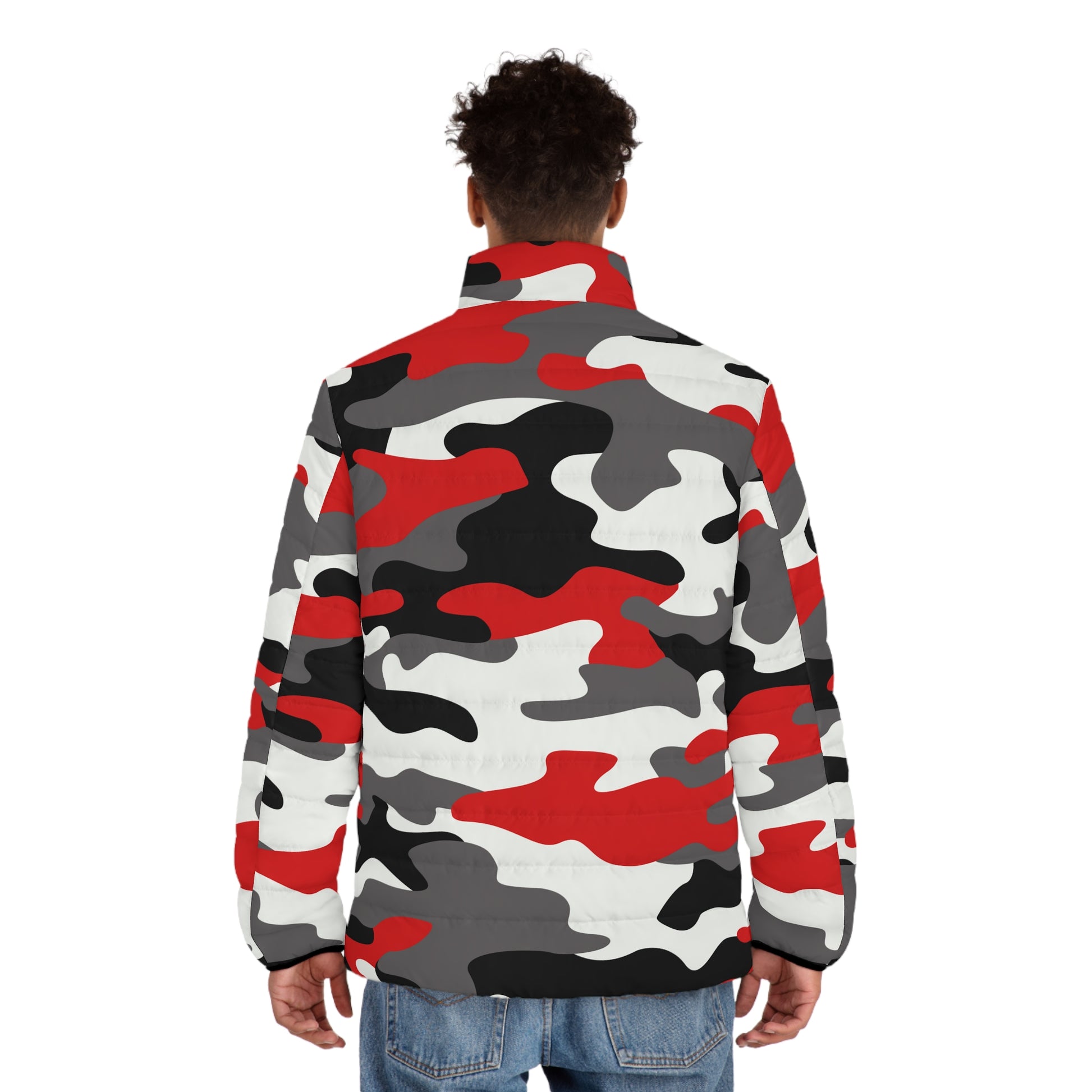 Men's Camo Puffer Jacket | Red, Black & White Camouflage