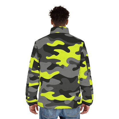 Men's Camo Puffer Jacket | Black, Gray & Yellow Camouflage