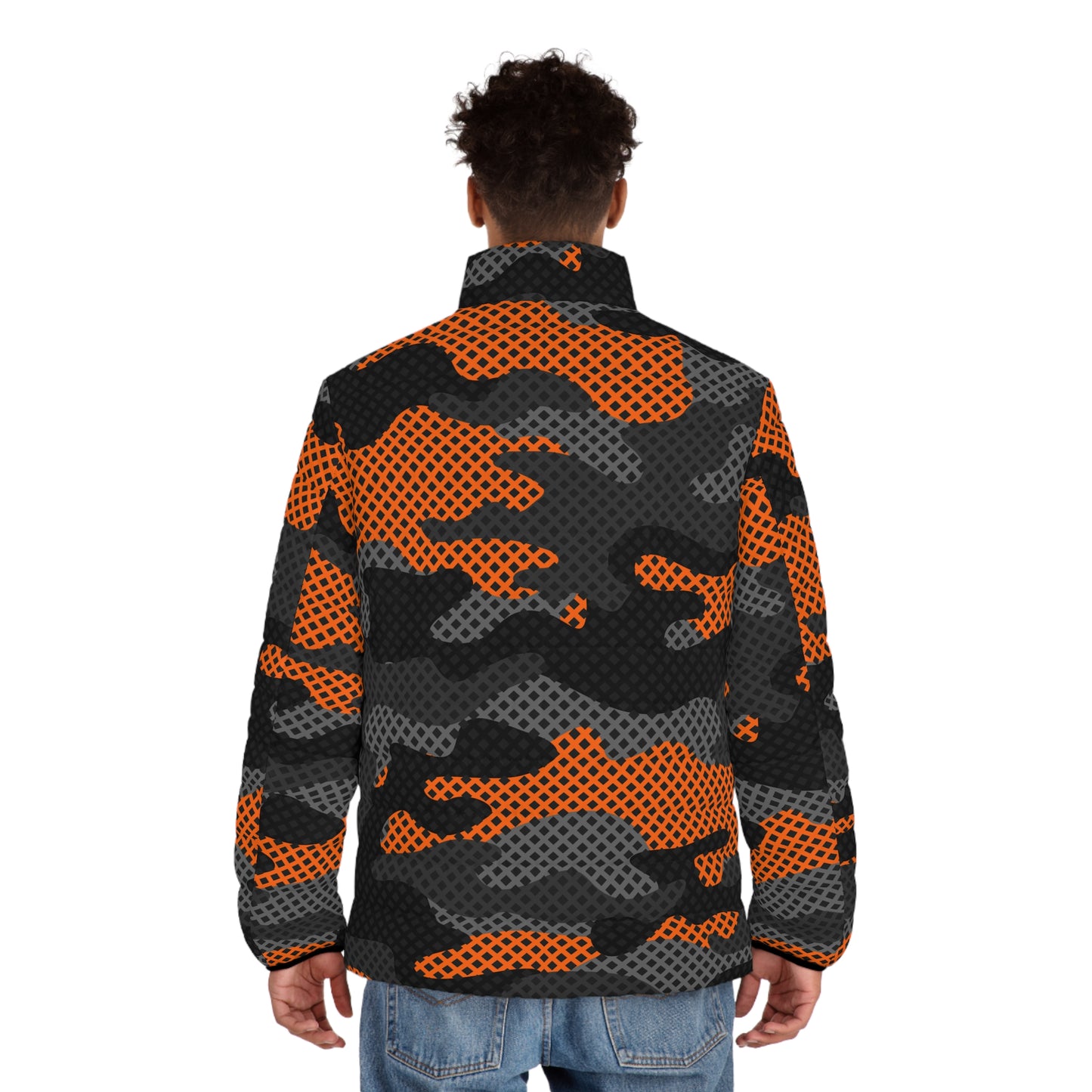 Camo Puffer Jacket | Black & Orange Pixel Camouflage