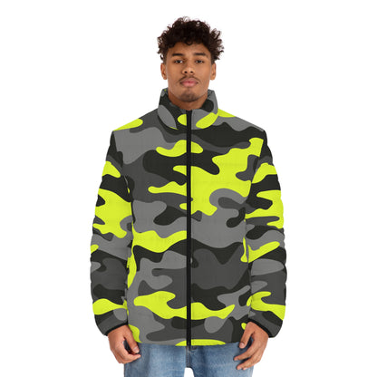 Men's Camo Puffer Jacket | Black, Gray & Yellow Camouflage