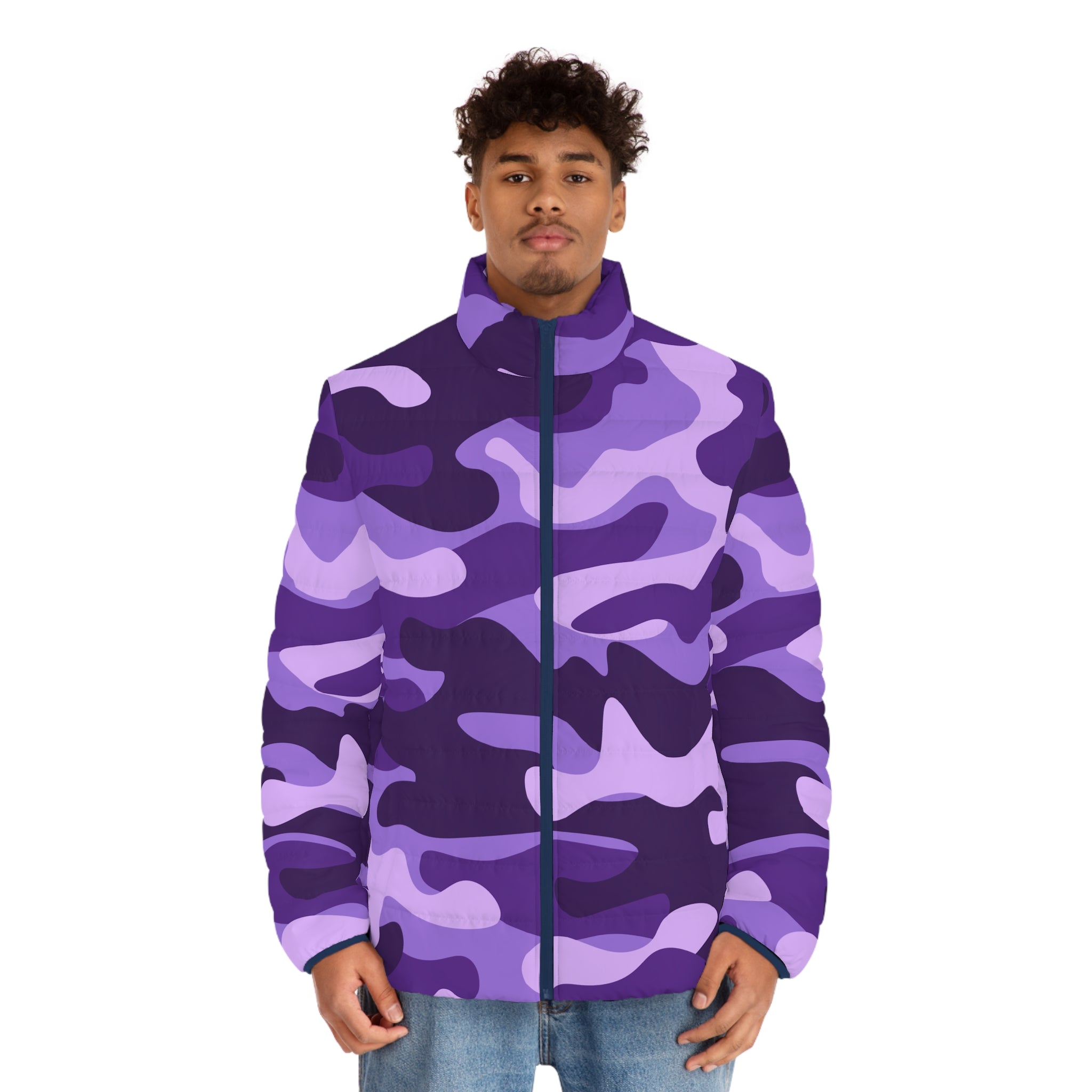 Shop Men s Camo Puffer Jacket Purple Blue and Mauve