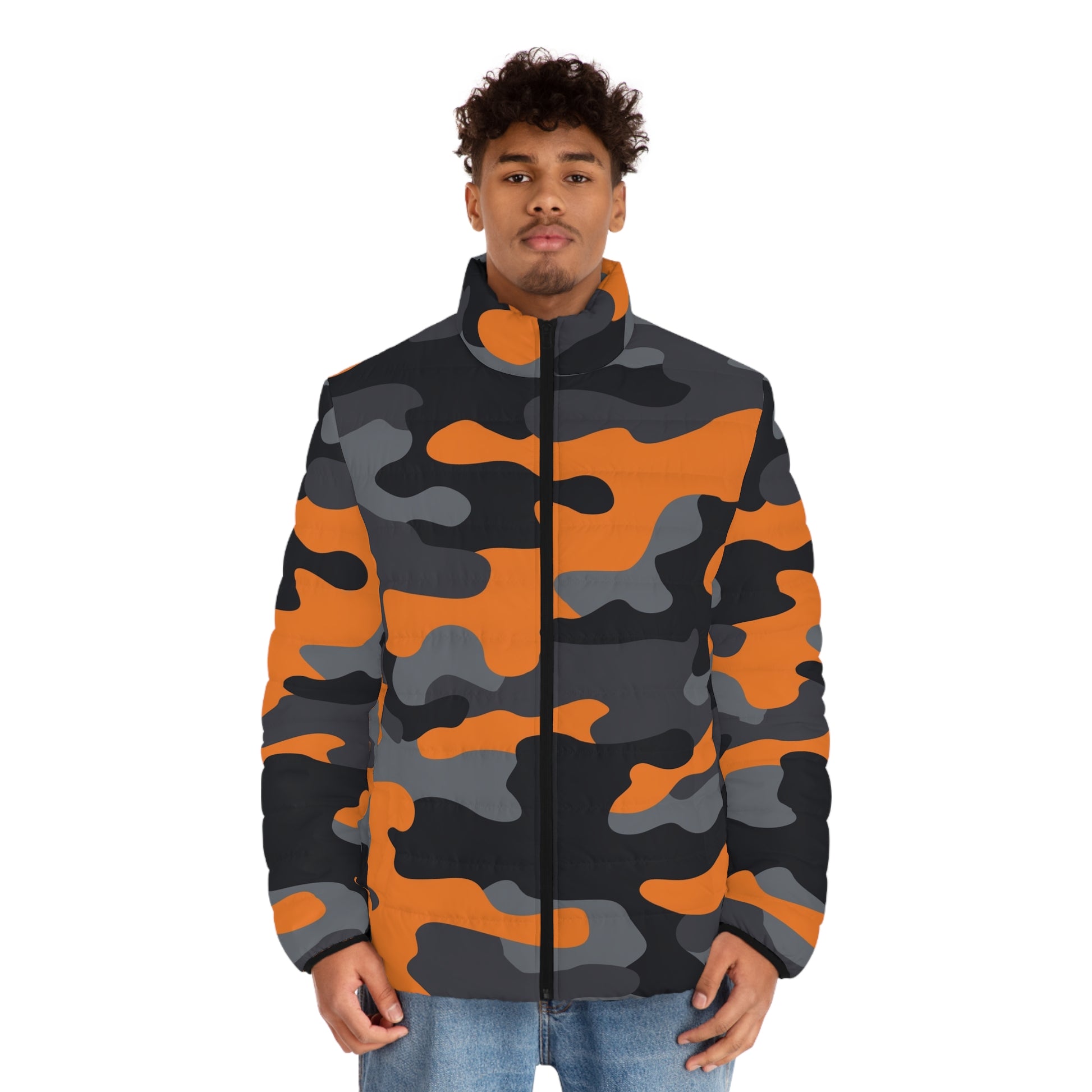 Camo Puffer Jacket | Orange, Gray & Black Camouflage