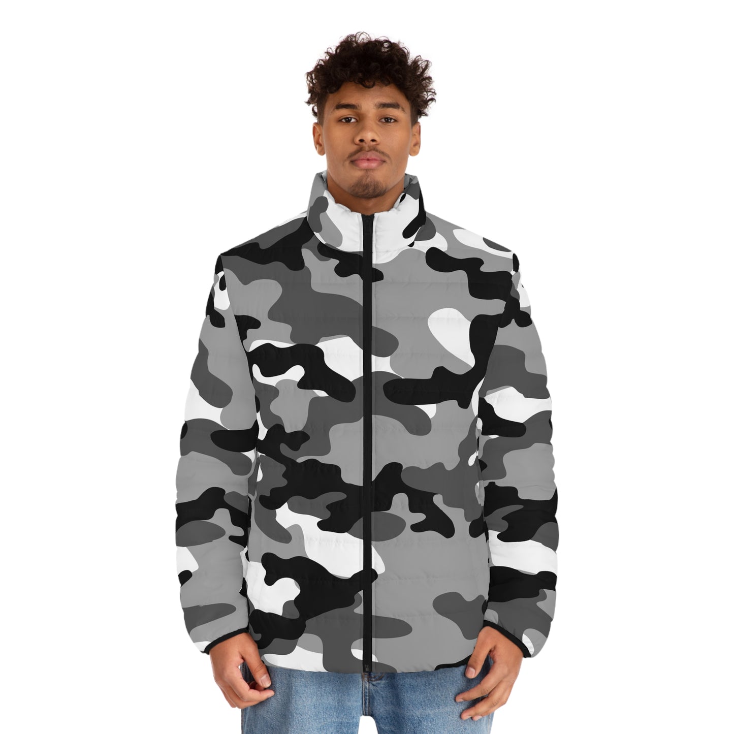 Men's Camo Puffer Jacket | Black, White & Gray Camouflage