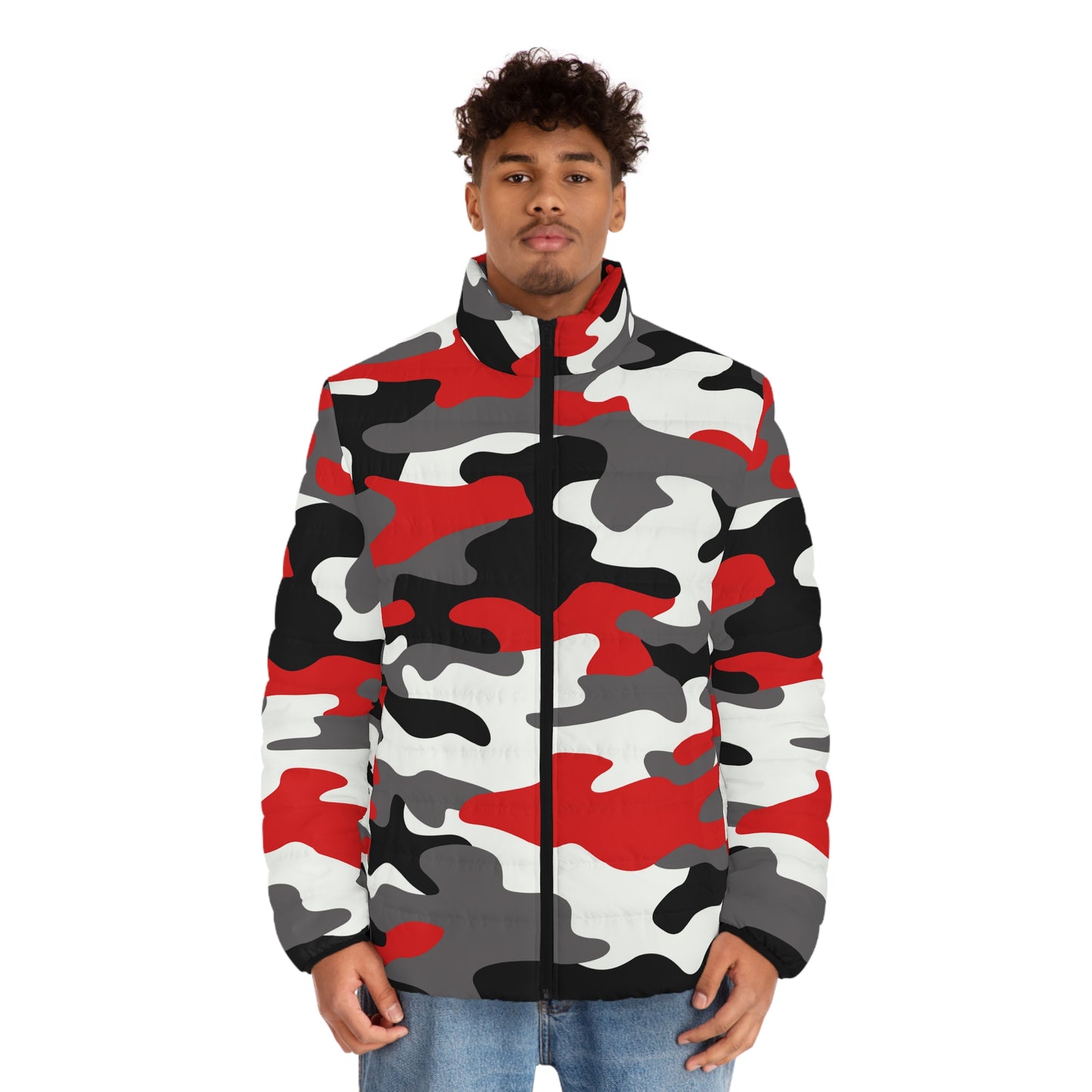 Men's Camo Puffer Jacket | Red, Black & White Camouflage