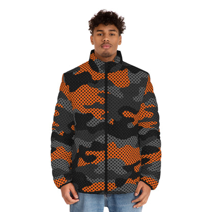 Camo Puffer Jacket | Black & Orange Pixel Camouflage