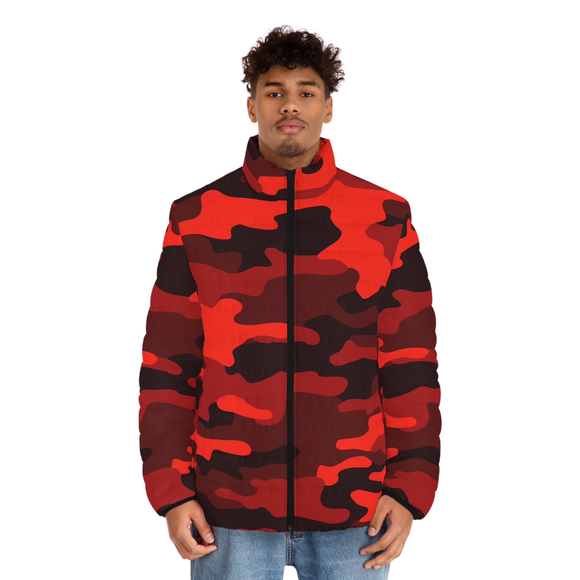 Men's Camo Puffer Jacket | Scarlet Red & Black Camouflage