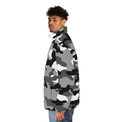 Men's Camo Puffer Jacket | Black, White & Gray Camouflage