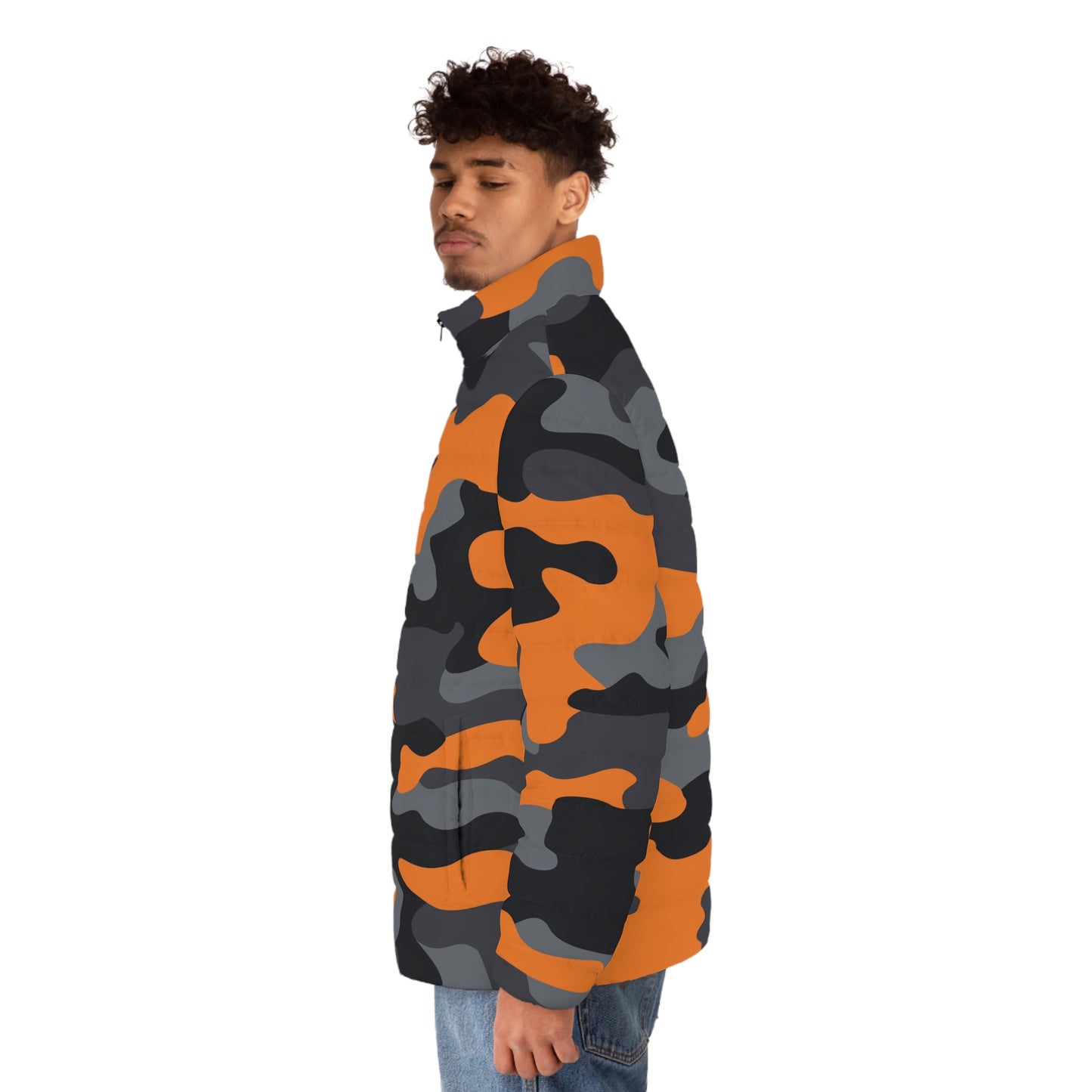 Camo Puffer Jacket | Orange, Gray & Black Camouflage