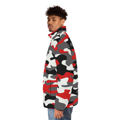 Men's Camo Puffer Jacket | Red, Black & White Camouflage